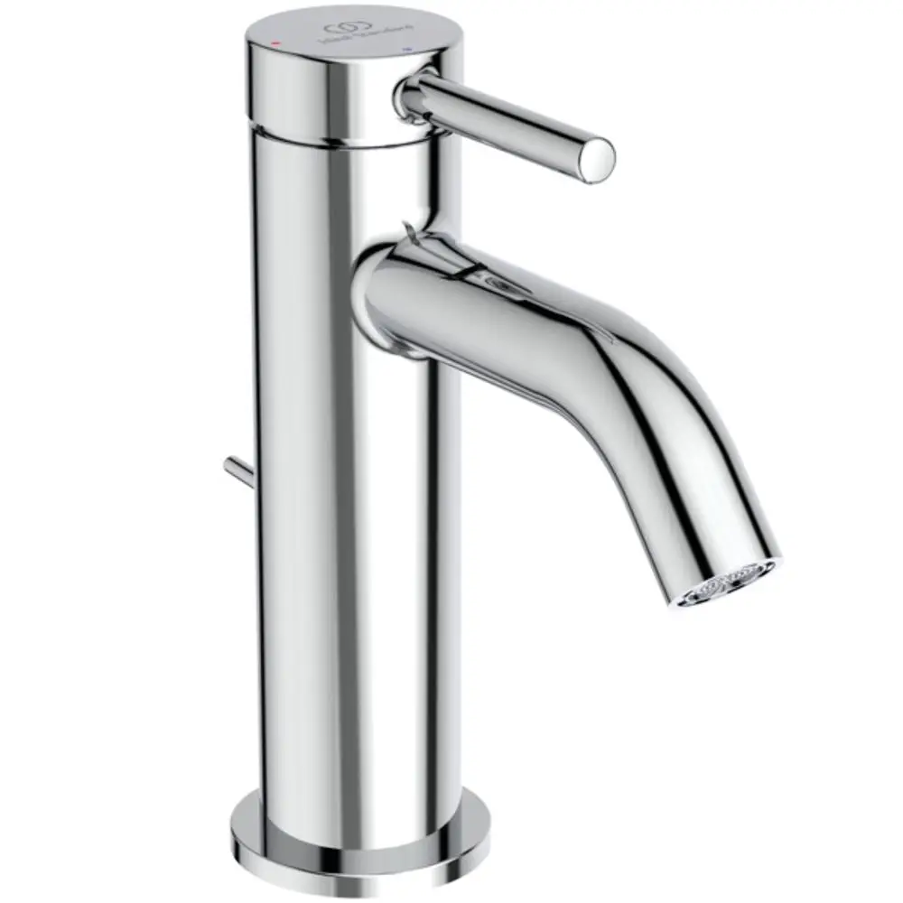 Chromfarbene Armatur von Ideal Standard mit einem geraden Auslauf und einem Hebel zur Steuerung des Wasserflusses. Senkrecht montierbar und geeignet für moderne Badezimmer.